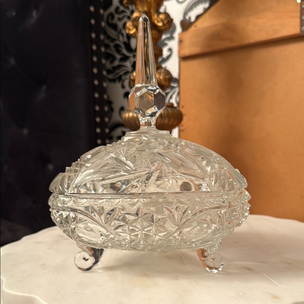 Vintage Footed Cut Crystal Candy Dish with Lid